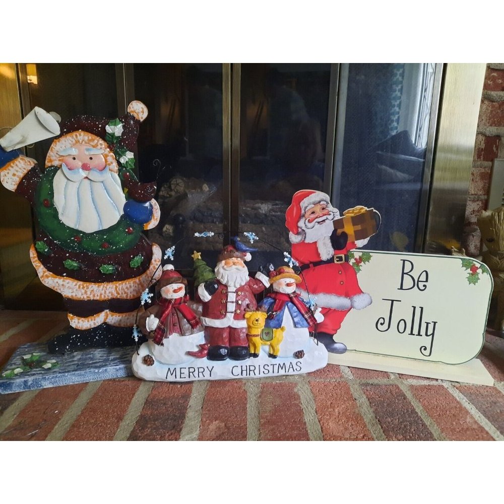 3 Large SANTA Claus wood metal & figures Vintage Christmas Decor hanger mantle